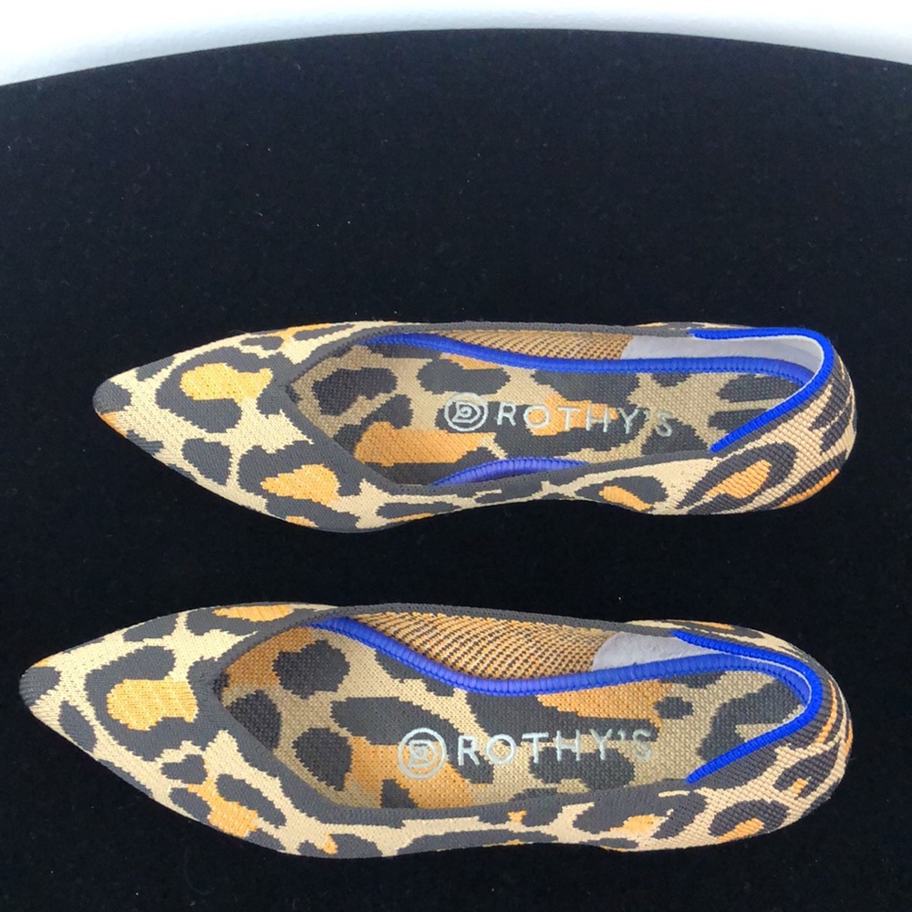 Rothy's Leopard Print Pointed Flats with Blue Trim - Picture 5 of 9